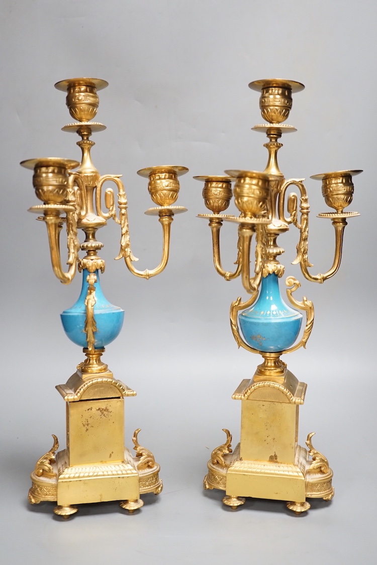 A pair of Louis XVI style ormolu and Sevres style porcelain candelabra 39cm